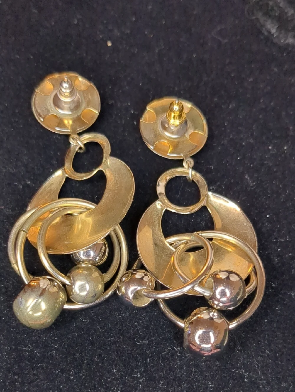 Vintage 80s Gold Multi Hoop Dangle Earrings Modernist Chandelier Pierced
